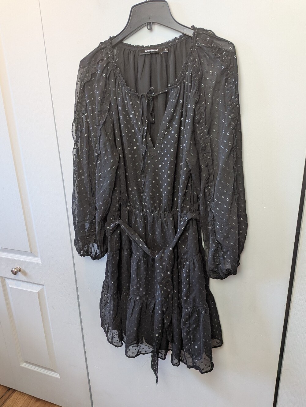 DESIGUAL Women Mini Dress Polka Dot Black Silver Size XL Long Sleeve Holiday - Picture 6 of 16